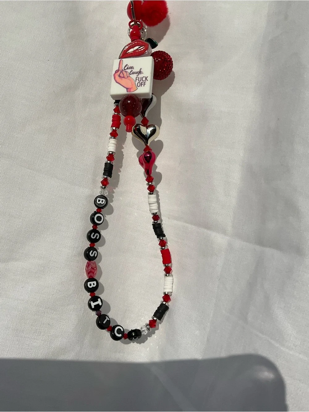 Beaded 'Boss B” Keychain with metal pave cherry charm and beaded key fob